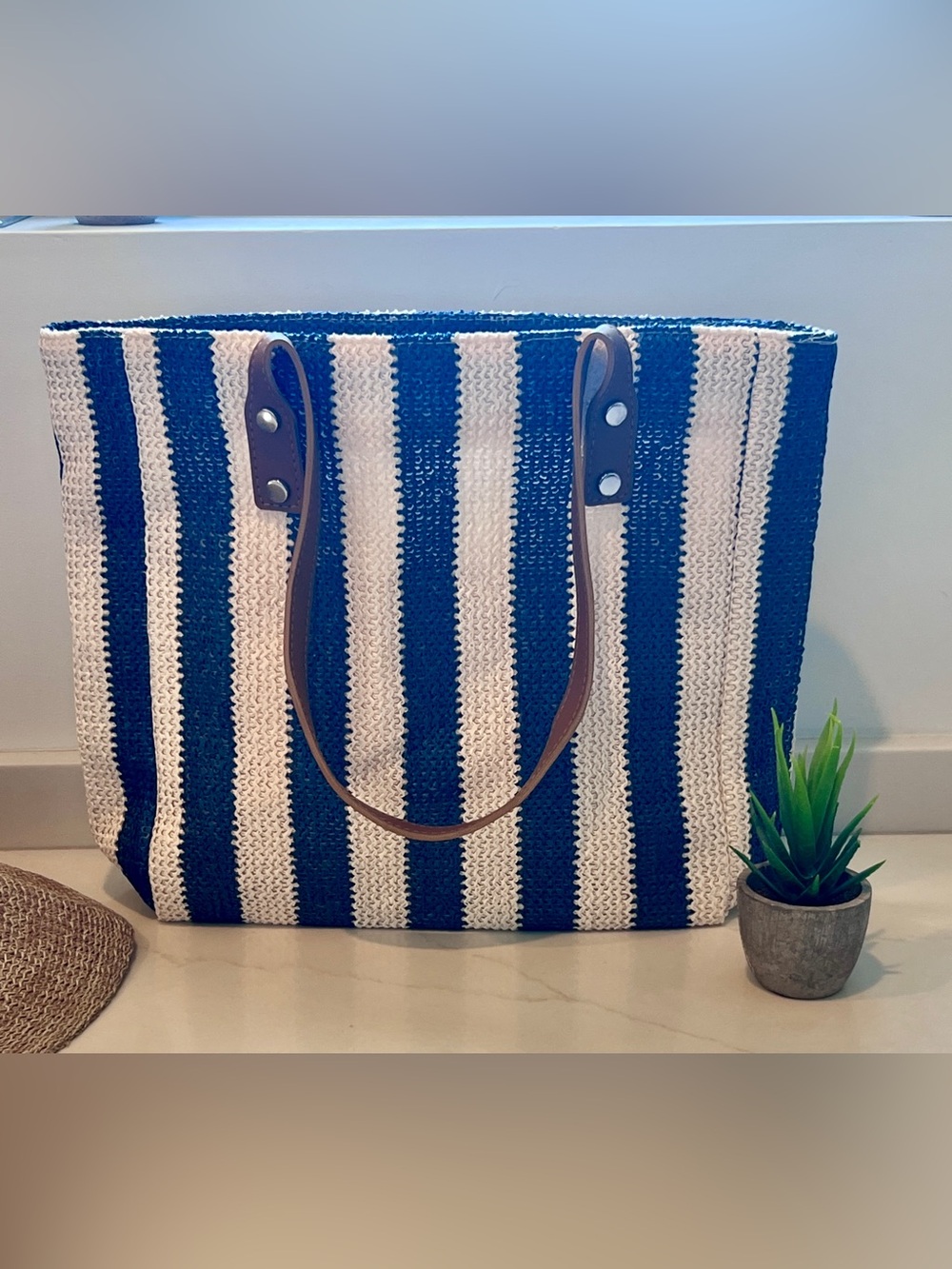 Striped Navy & White Tote Bag with Brown Handles